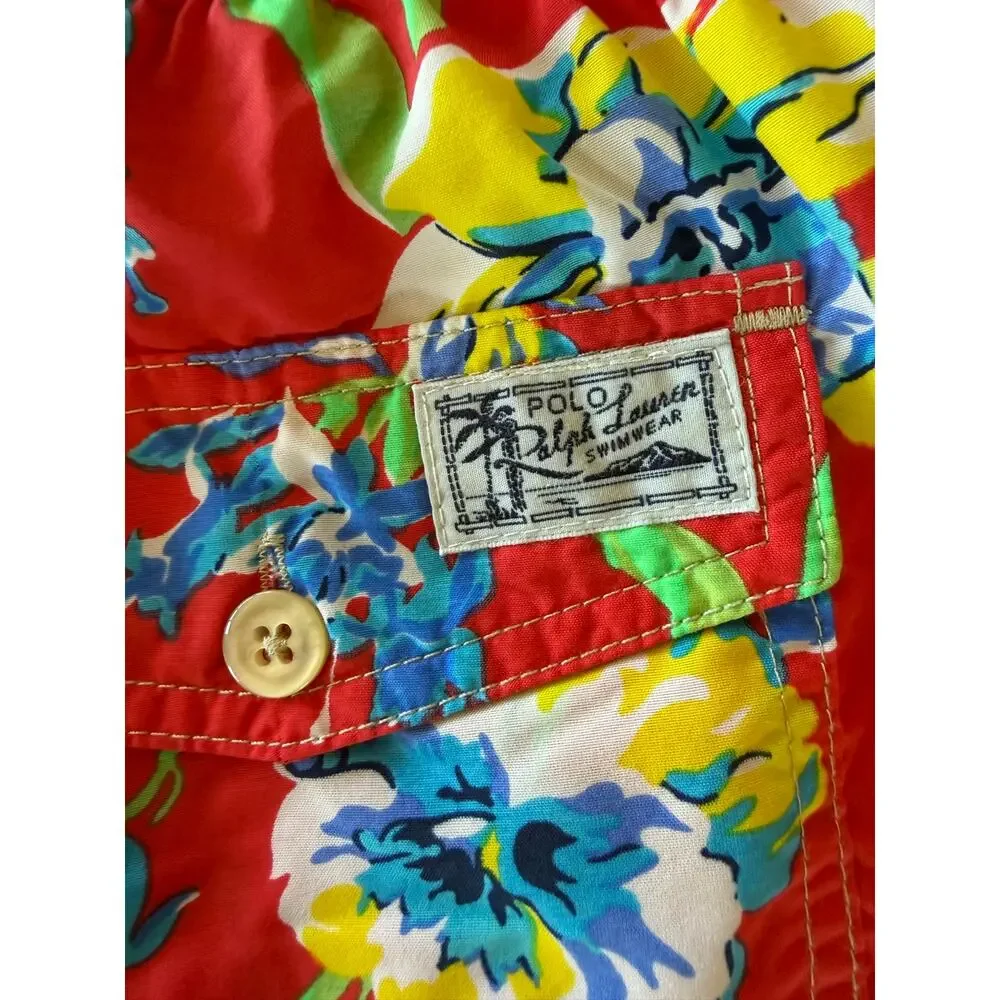 Vintage 90s Polo Ralph Lauren Swim Trunks Shorts Mens Medium M Red Floral Hawaii